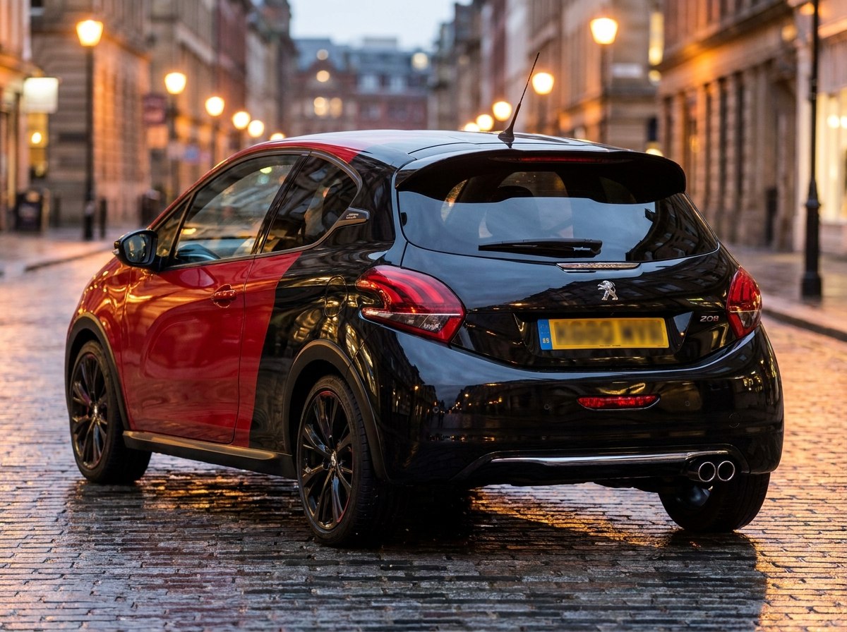 208 GTI 30th de trois quarts arrière, toit noir et double échappement