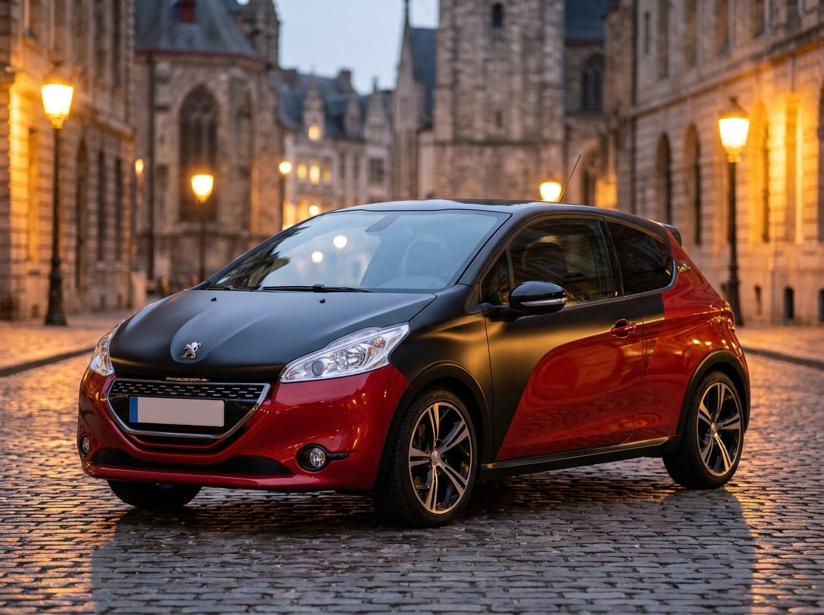 Peugeot 208 GTI 30th bi-ton rouge et noir de trois quarts avant en ville