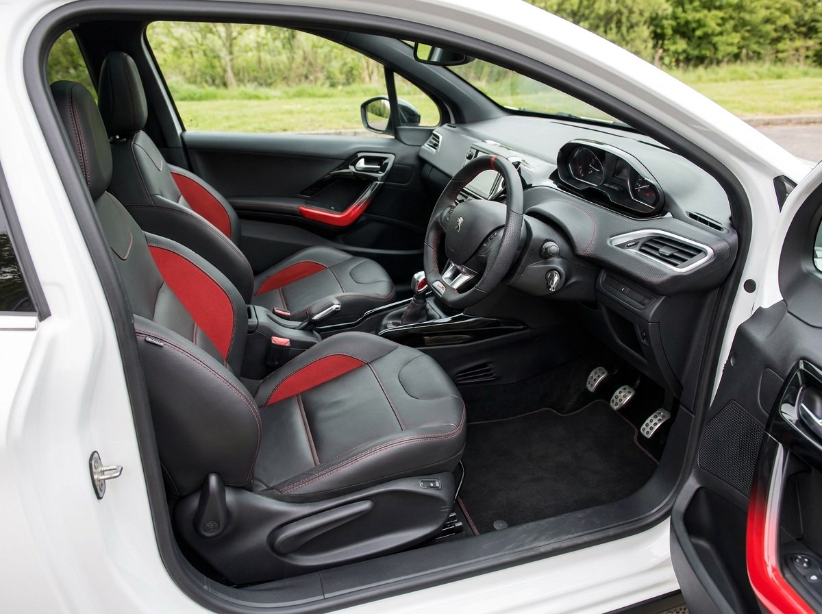 Intérieur 208 GTI 30th : baquets mi-cuir rouge et noir, petit volant GTI