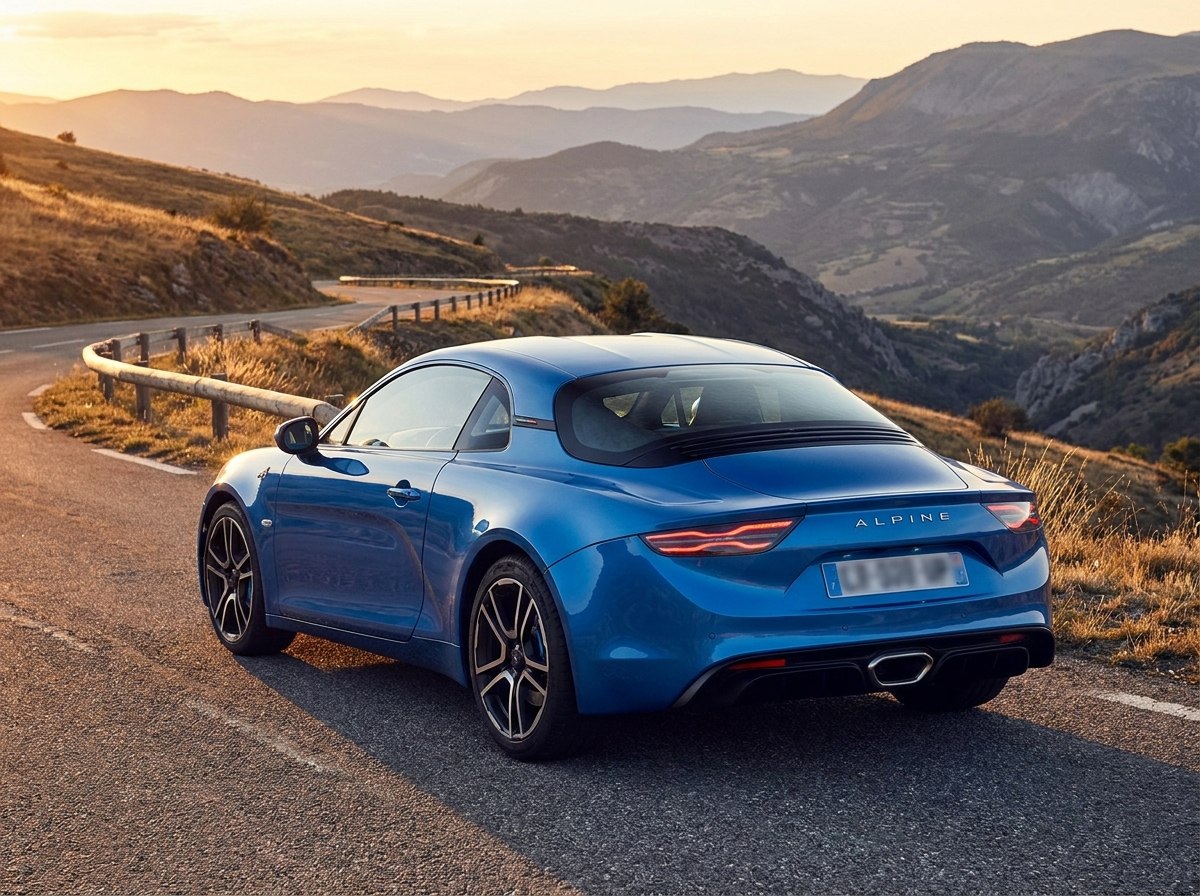 Alpine A110 bleu Alpine de trois quarts arrière sur route de col, feux ronds emblématiques