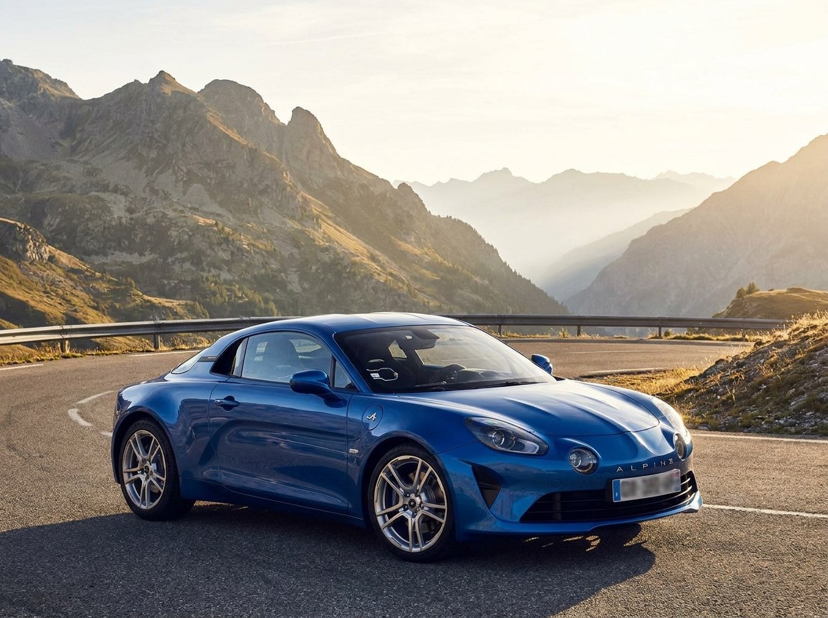 Alpine A110 bleu Alpine de trois quarts avant sur une route de montagne, sportive française moderne