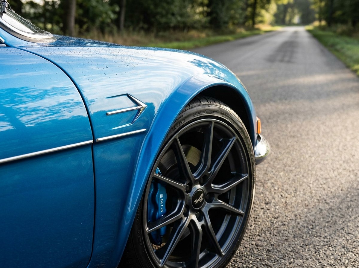 Détail Alpine A110 : monogramme A arrow sur l'aile et jante Fuchs forgée