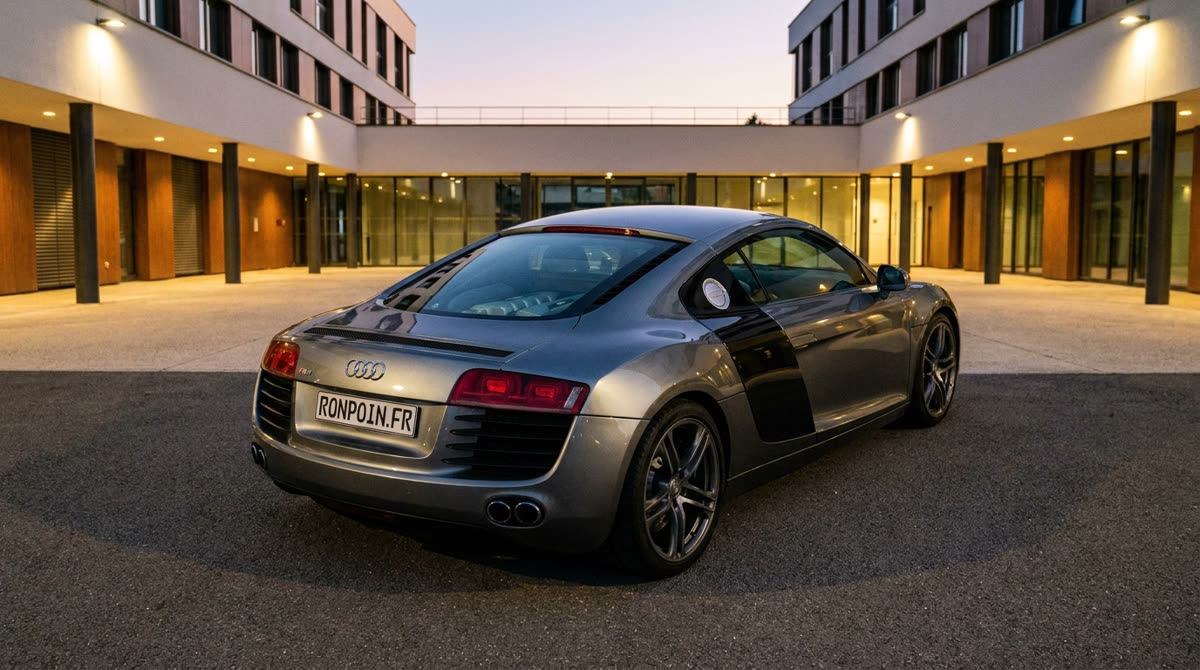 Audi R8 V8 de trois quarts arrière, capot moteur vitré et double sortie d'échappement