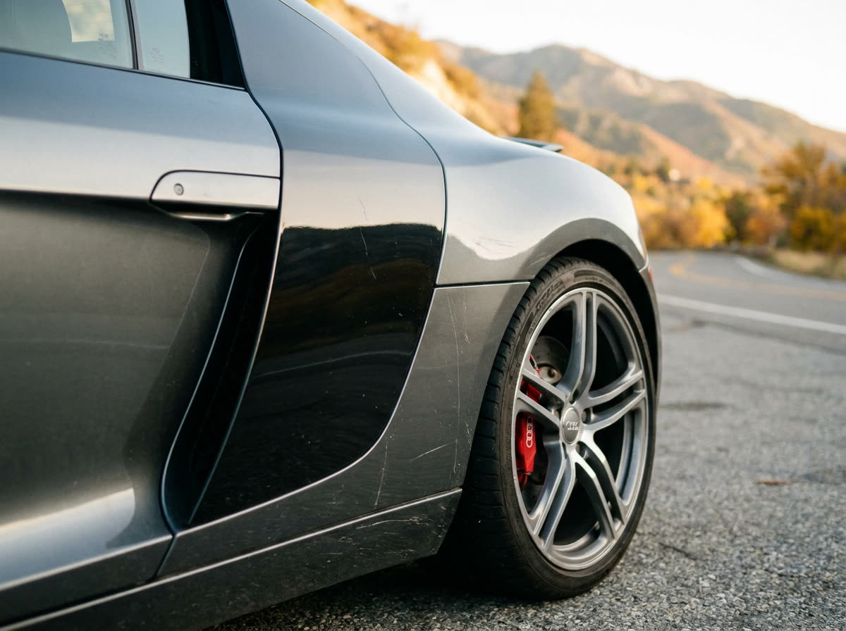 Détail Audi R8 : lame latérale sideblade et jante 19 pouces