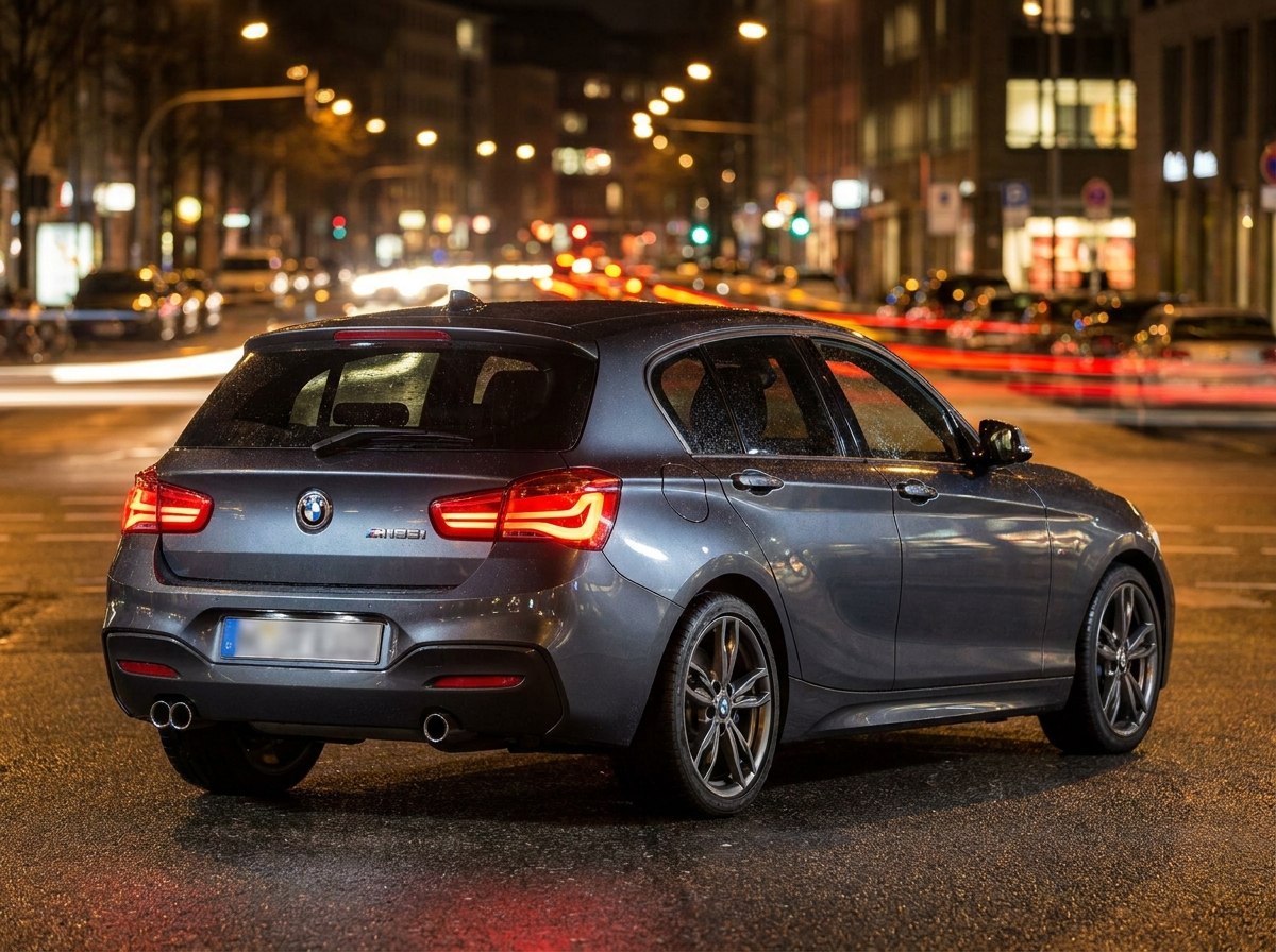 BMW M135i de trois quarts arrière avec double sortie d'échappement, éclairage urbain nocturne