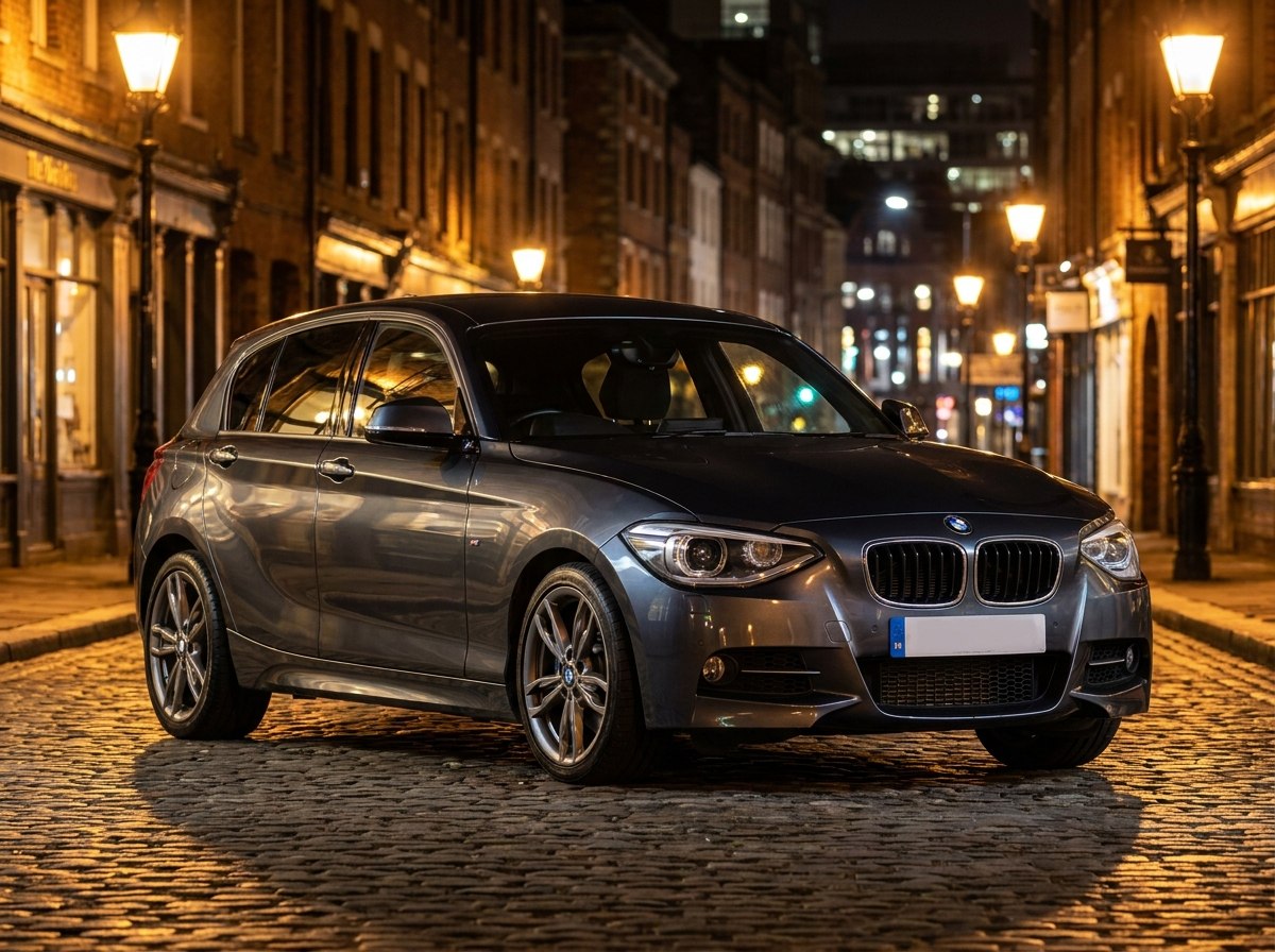 BMW M135i F20 grise de trois quarts avant la nuit en ville