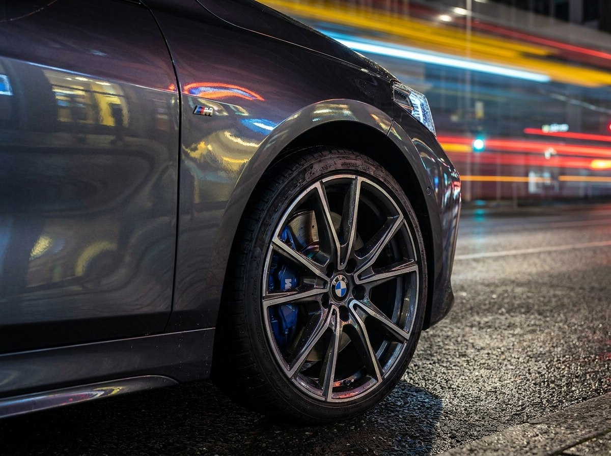 Détail BMW M135i : badge M135i sur le hayon et jante M double branche