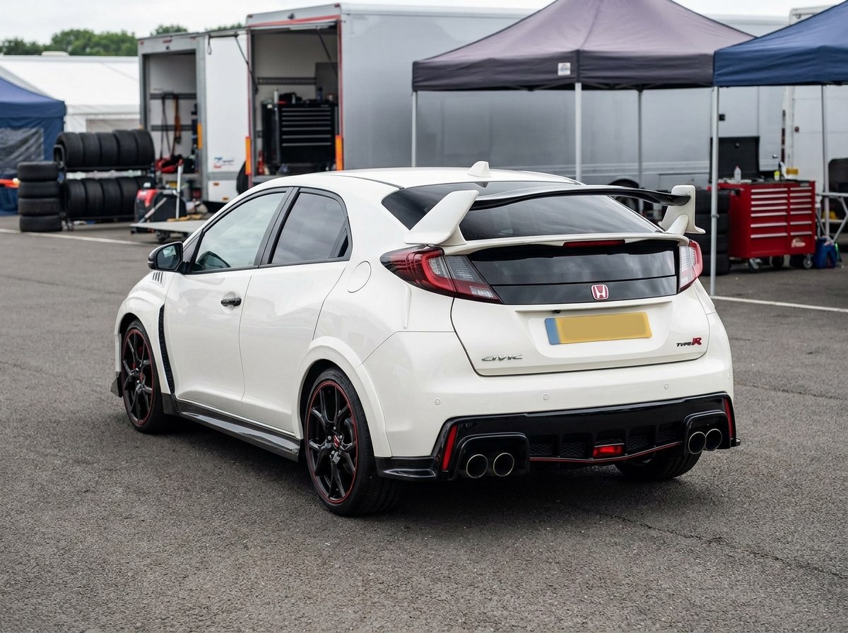 Civic Type R FK2 de trois quarts arrière avec aileron et quadruple sortie d'échappement