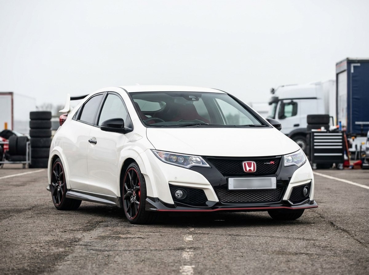 Honda Civic Type R FK2 blanche à aileron de trois quarts avant sur parking de circuit
