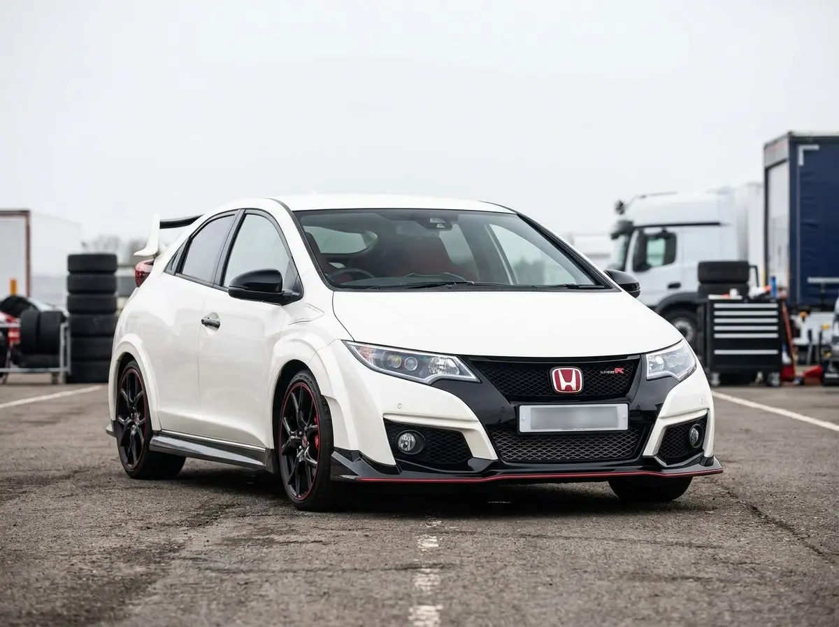 Honda Civic Type R FK2 blanche à aileron de trois quarts avant sur parking de circuit