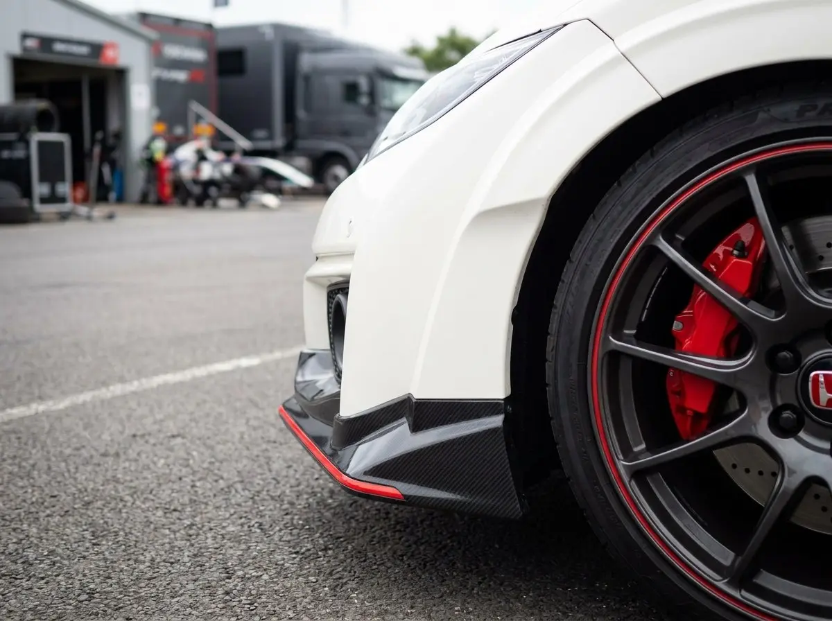 Détail Civic Type R FK2 : badge Type R rouge sur la calandre et jante 19 pouces