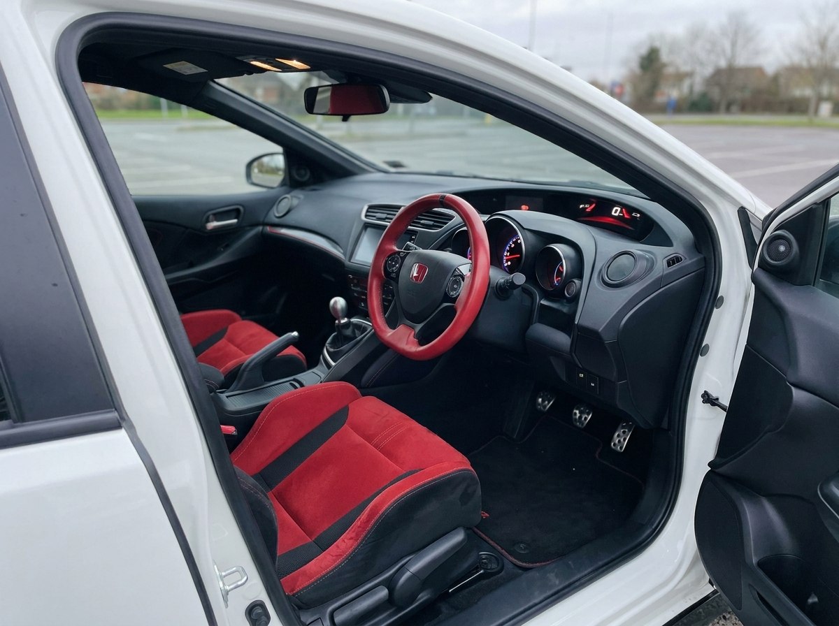 Intérieur Civic Type R FK2 : baquets rouges suédine, volant rouge et compteur numérique
