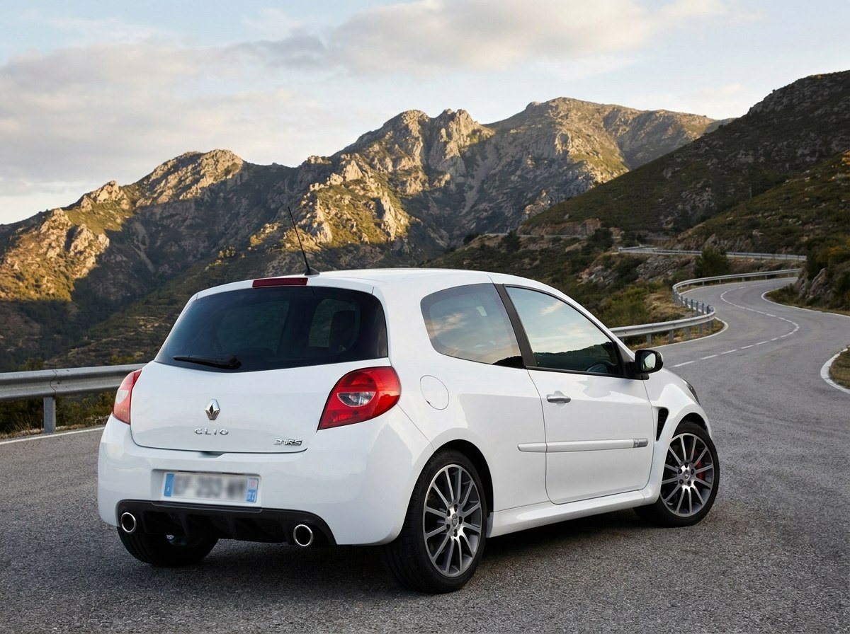Clio 3 RS blanche de trois quarts arrière avec diffuseur et double sortie d'échappement