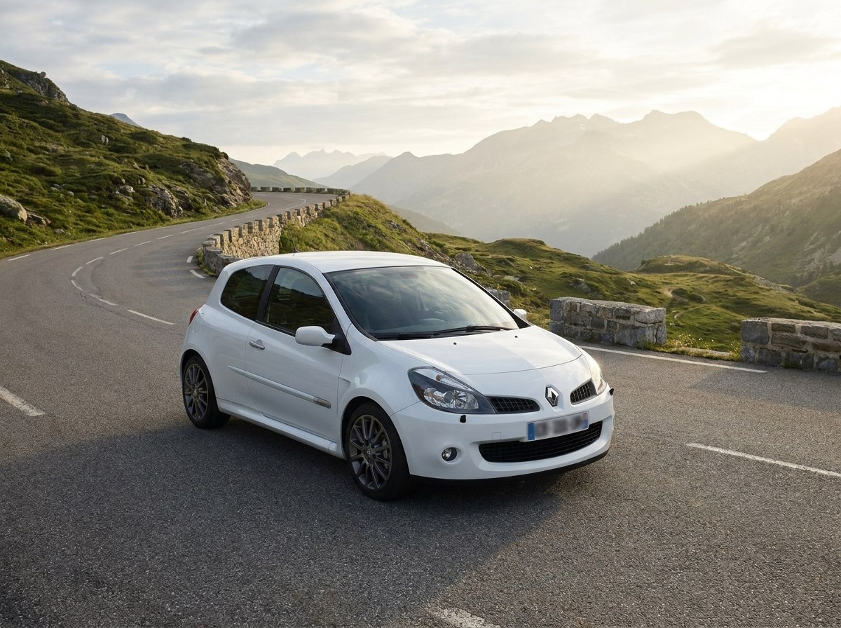 Renault Clio 3 RS blanc glacier de trois quarts avant sur route de col