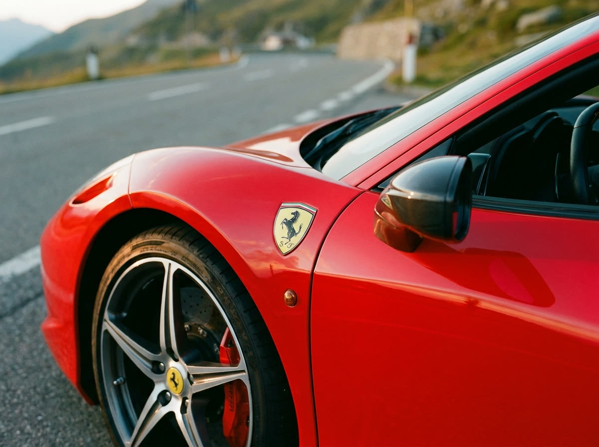 Détail Ferrari 458 : badge cavallino sur l'aile et jante forgée