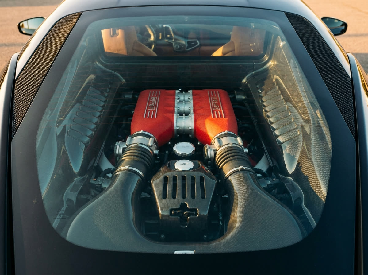 Moteur Ferrari 458 : V8 F136 sous la vitre arrière avec collecteurs rouges