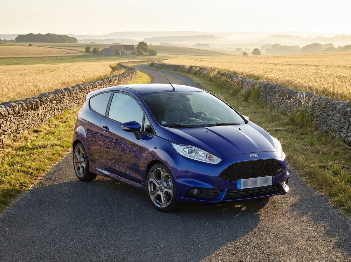 Ford Fiesta ST bleue de trois quarts avant sur route de campagne