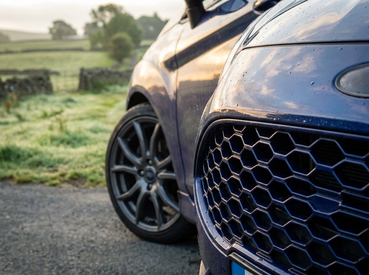 Détail Ford Fiesta ST : badge ST sur la calandre nid d'abeille