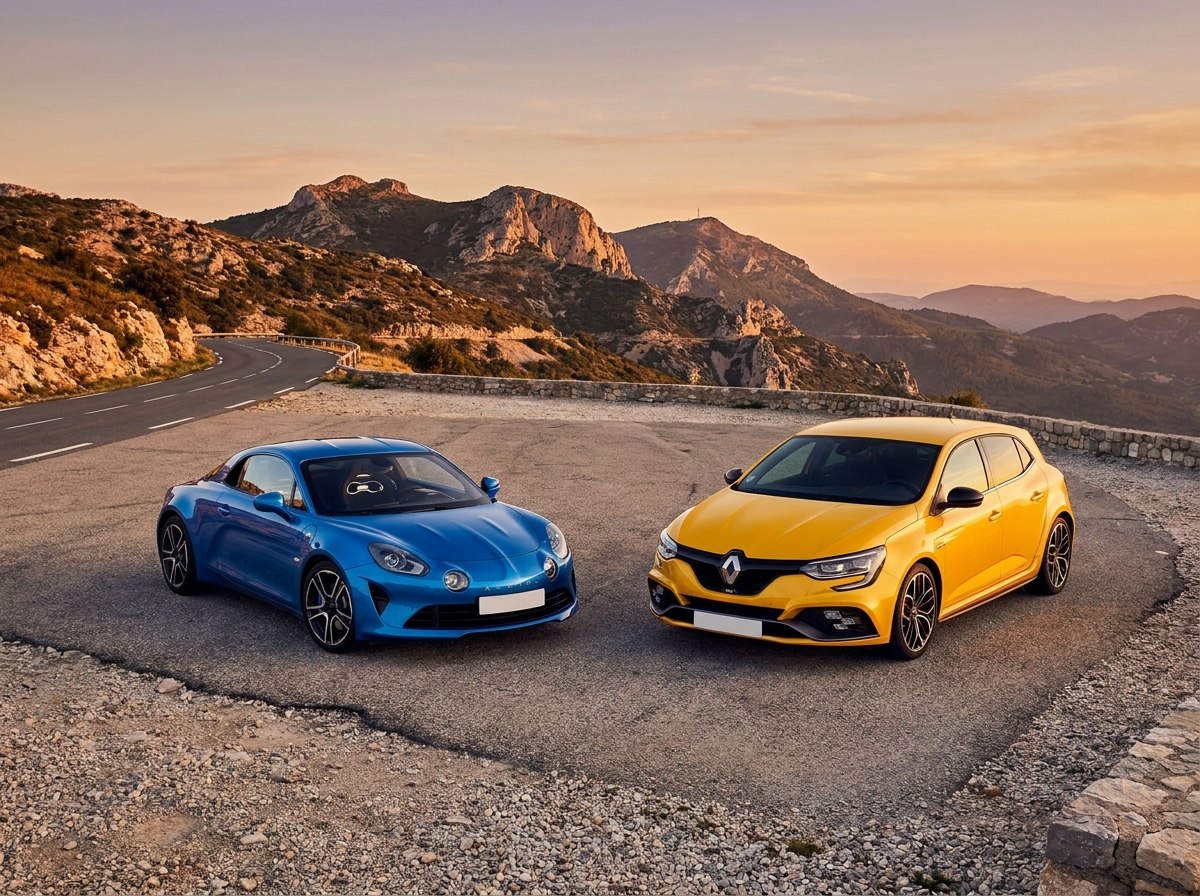 Planche sportives : Alpine A110 et Mégane RS sur route de col