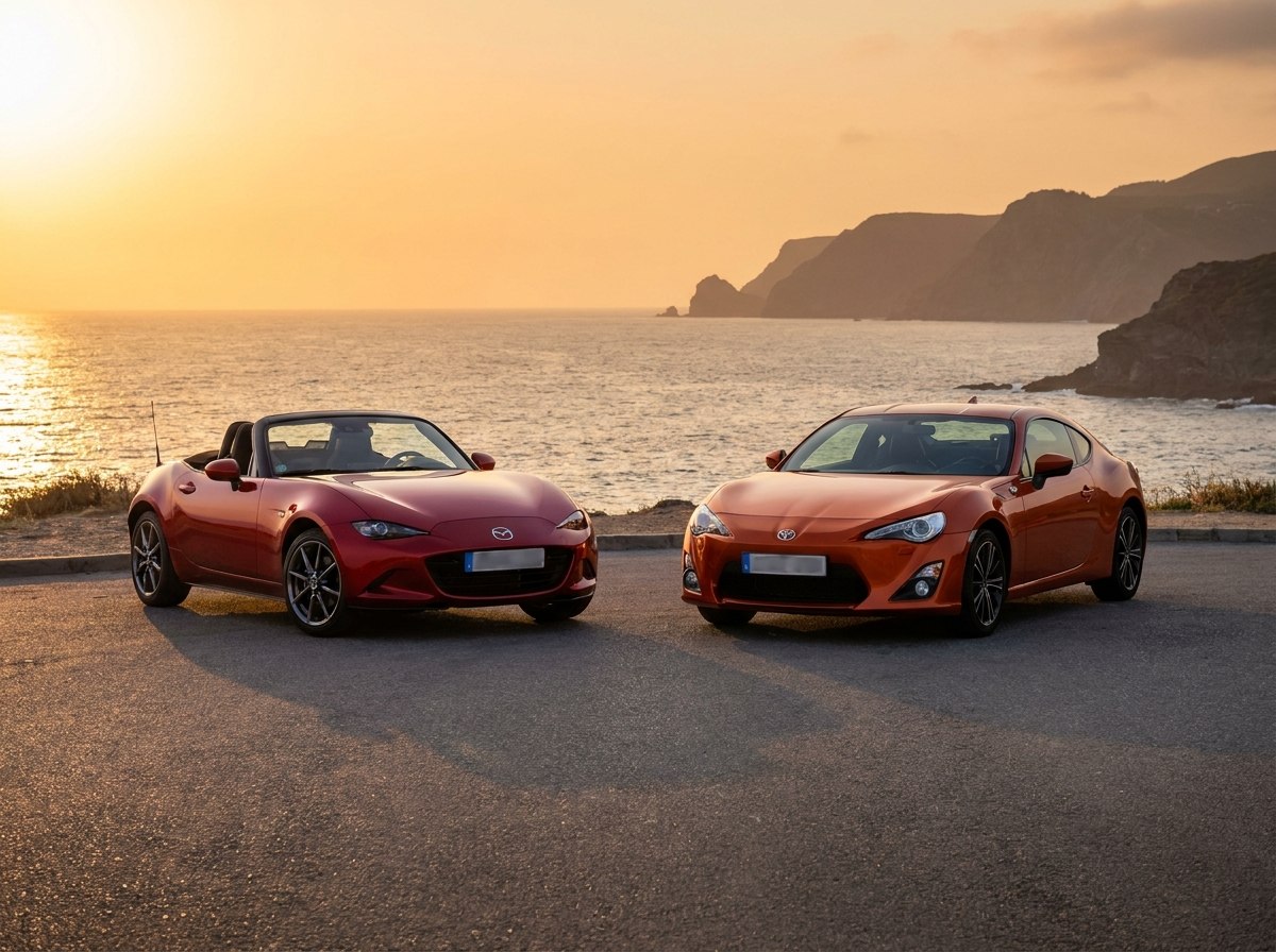 Planche sportives : roadsters MX-5 et GT86 au coucher du soleil