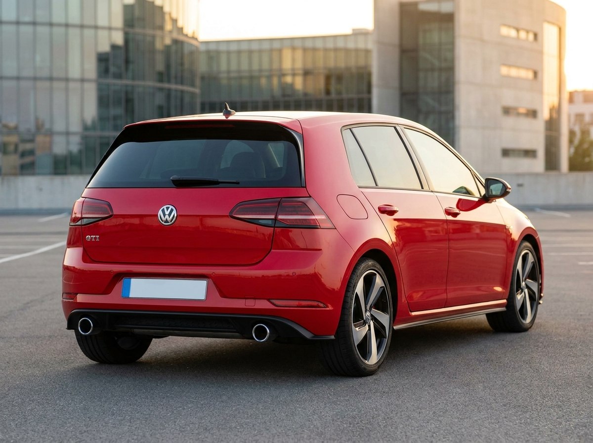 Golf 7 GTI rouge de trois quarts arrière avec double échappement chromé