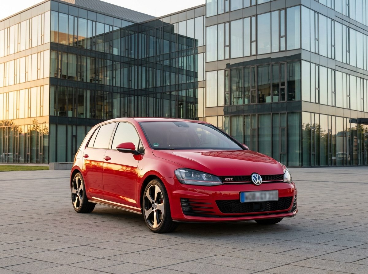 Volkswagen Golf 7 GTI rouge tornado de trois quarts avant devant un bâtiment moderne