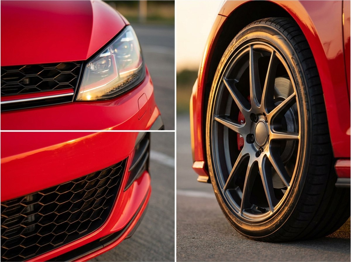 Détail Golf 7 GTI : calandre à liseré rouge et logo GTI