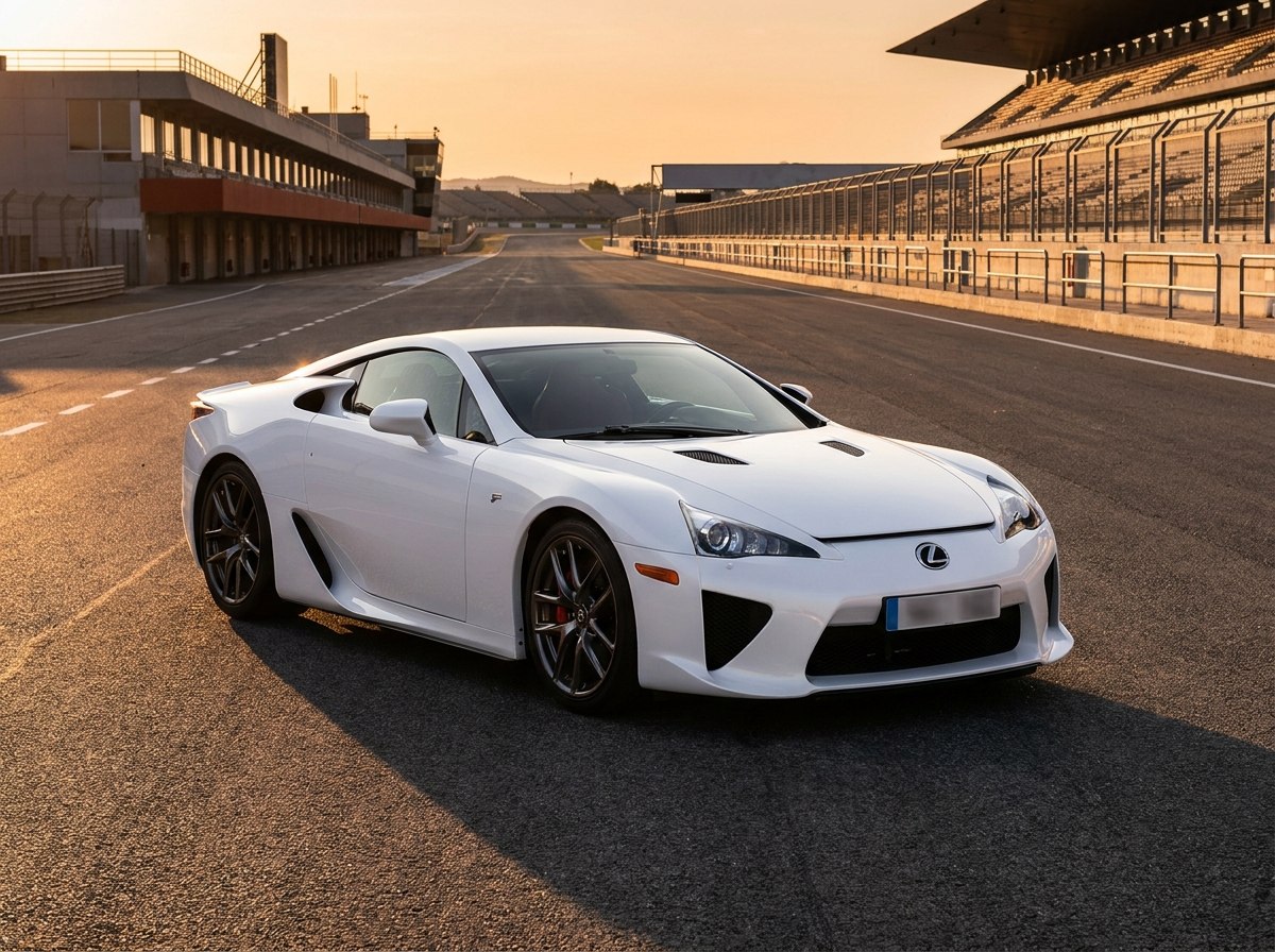 Lexus LFA blanche de trois quarts avant dans un paddock au lever du soleil
