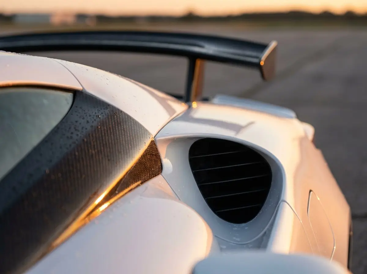 Détail Lexus LFA : aile arrière en carbone et badge LFA