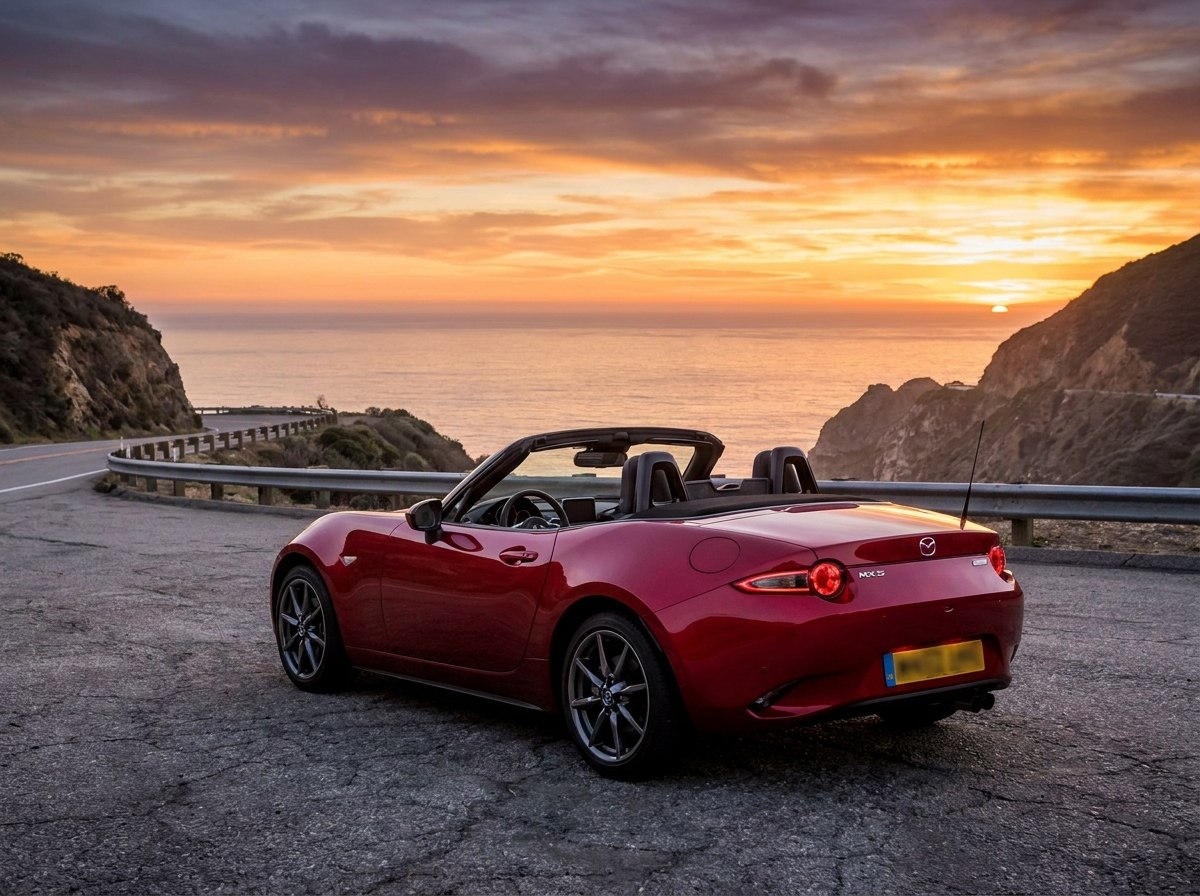 Mazda MX-5 ND rouge de trois quarts arrière capote ouverte au coucher du soleil