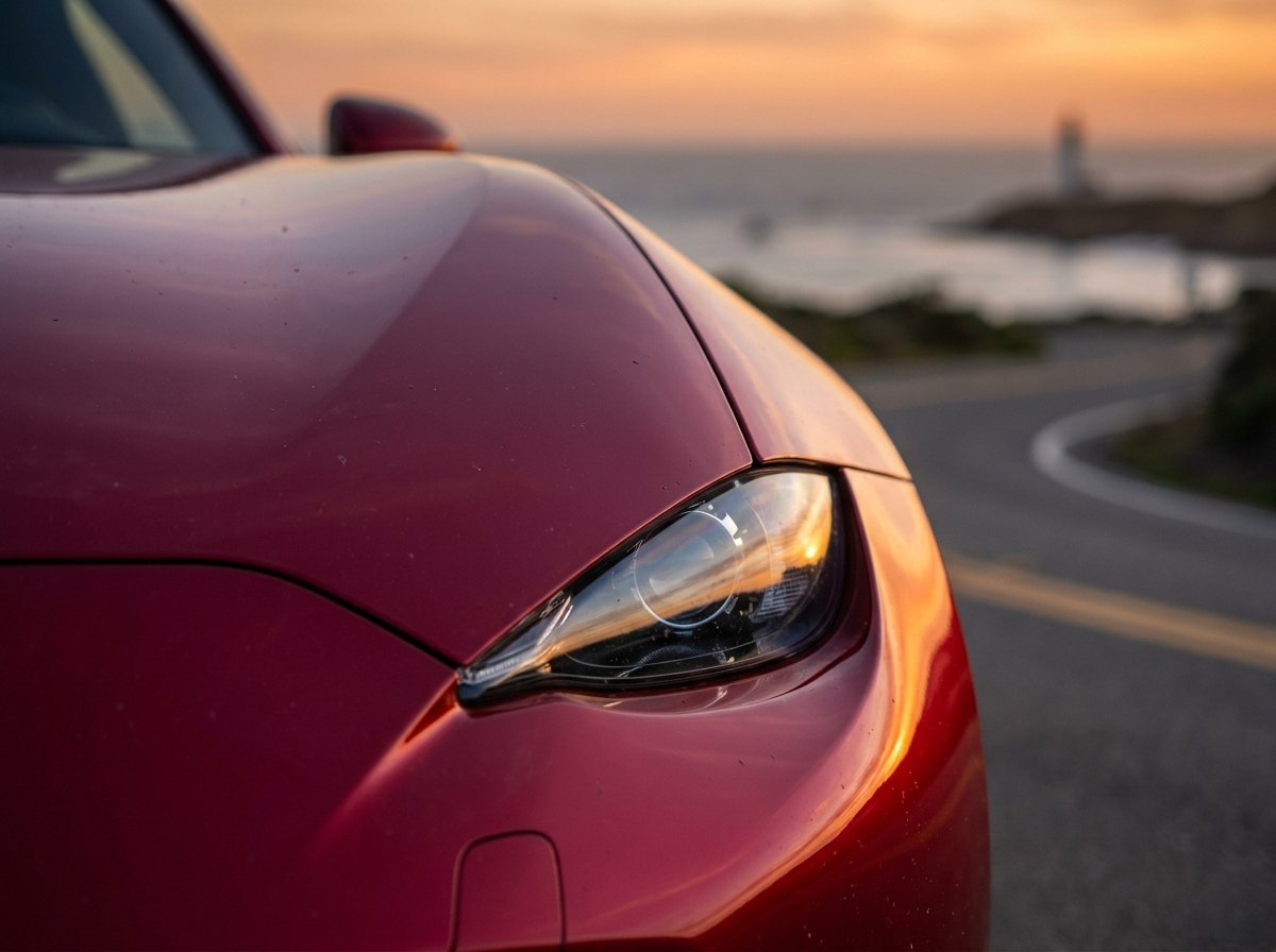 Détail Mazda MX-5 ND : optique avant effilée et aile galbée rouge soul