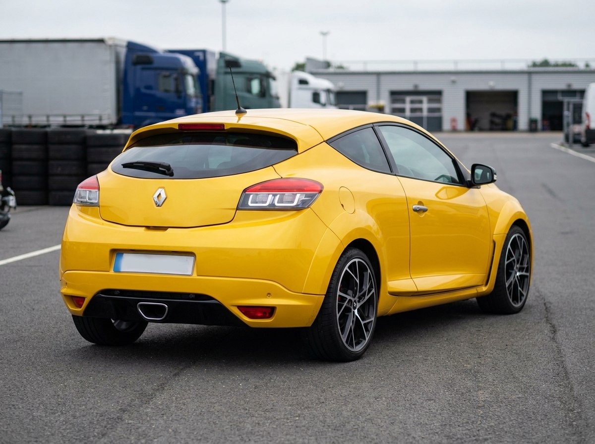Mégane 3 RS jaune de trois quarts arrière avec échappement central et diffuseur