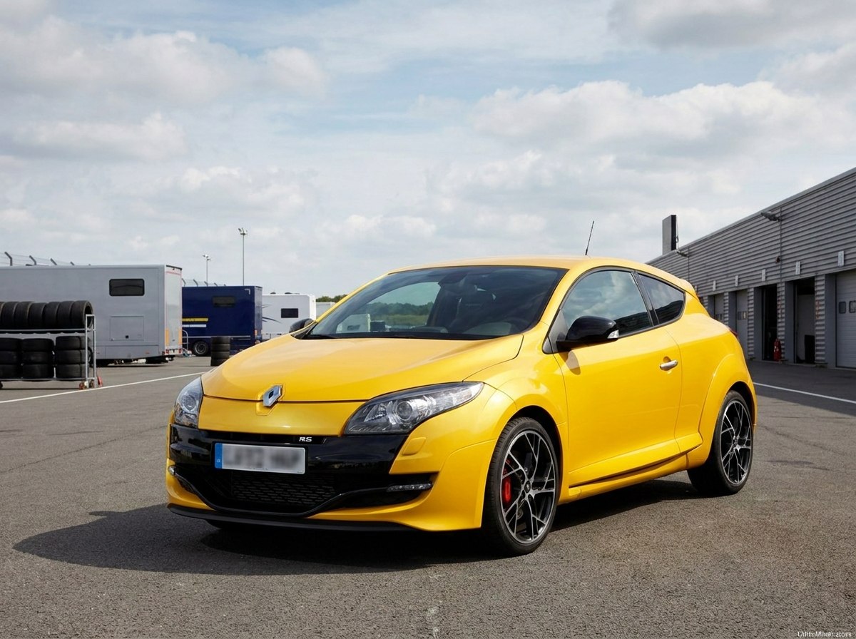 Renault Mégane 3 RS jaune Sirius de trois quarts avant sur circuit