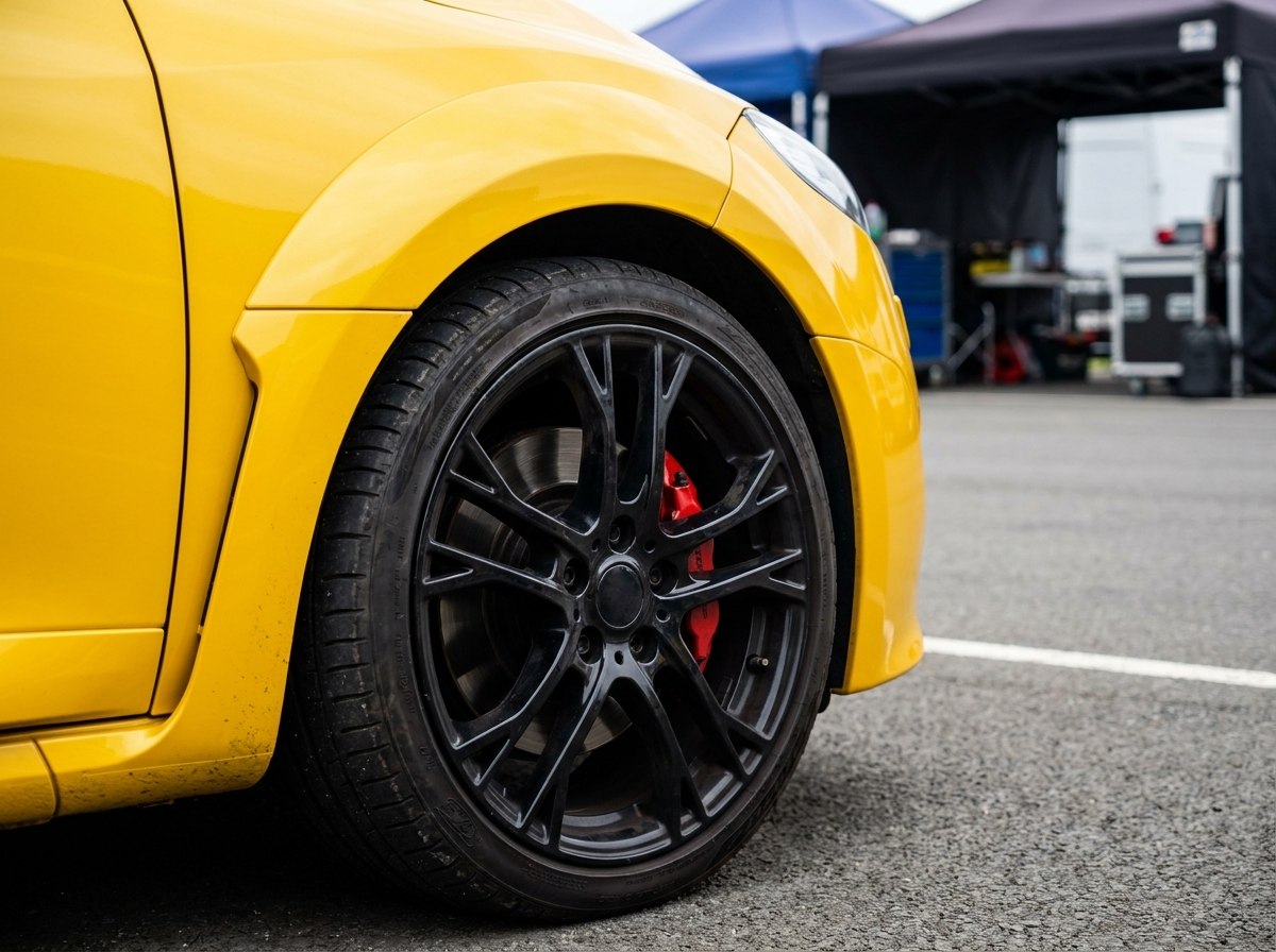 Détail Mégane 3 RS : jante Speedline noire et étrier Brembo rouge
