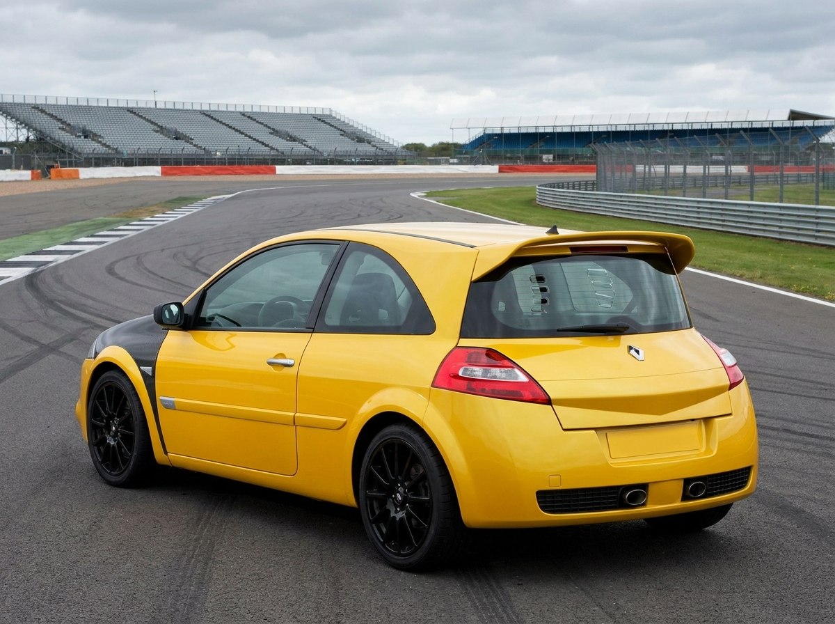 Mégane R26.R de trois quarts arrière, lunette Lexan et diffuseur, sur circuit