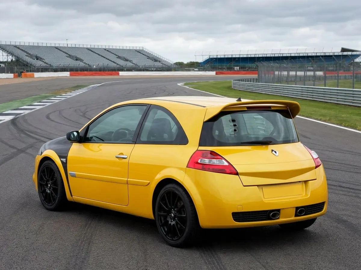 Mégane R26.R de trois quarts arrière, lunette Lexan et diffuseur, sur circuit