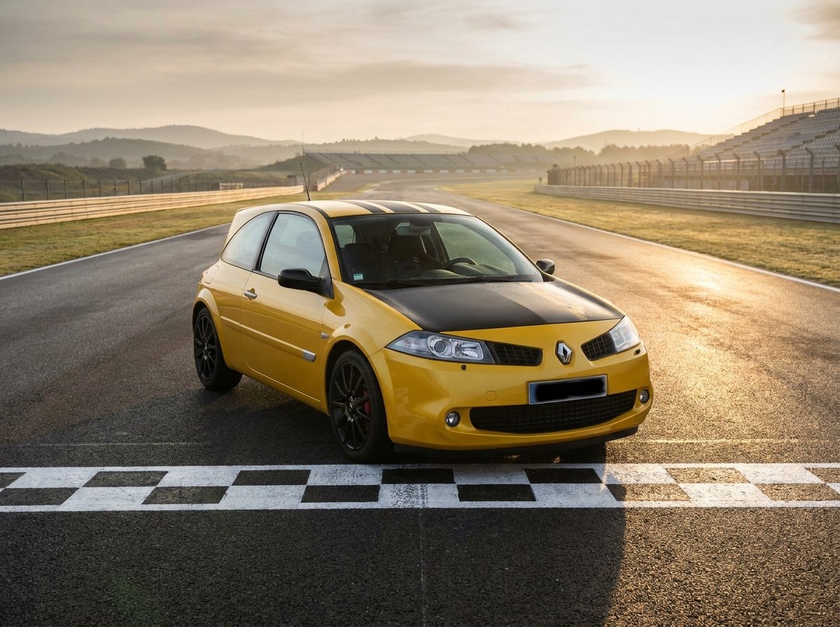 Renault Mégane R26.R jaune Sirius avec bandes noires et arceau, vue de trois quarts avant sur circuit