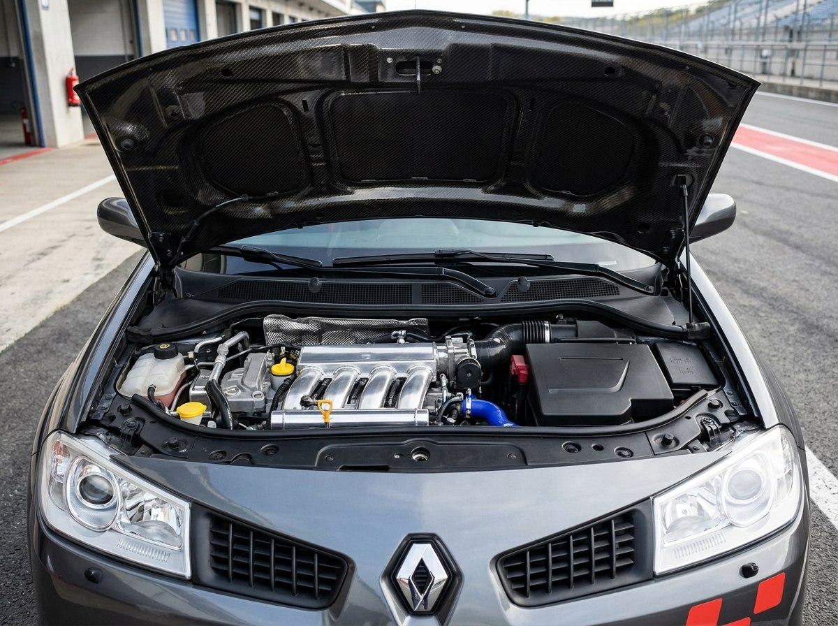 Moteur Mégane R26.R : 2.0 turbo F4RT sous capot carbone ouvert