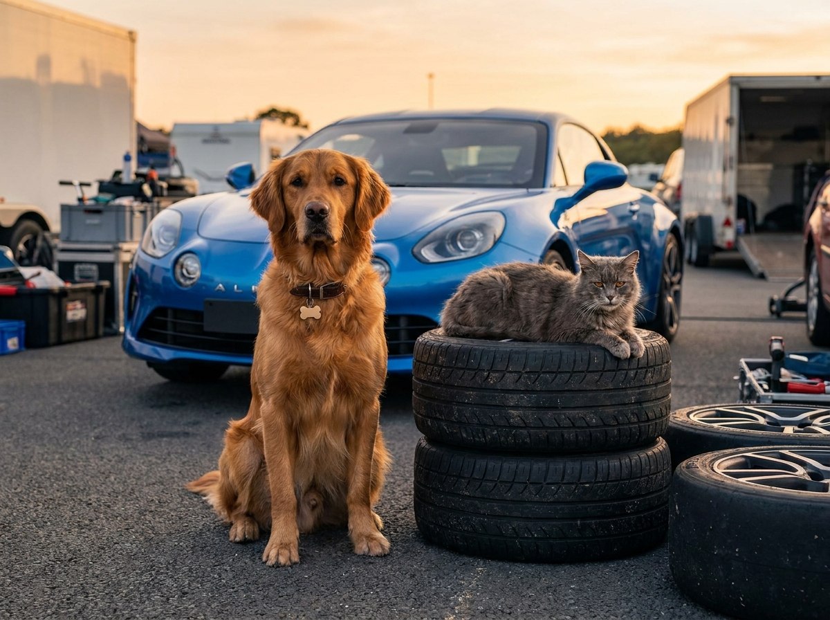 Thor le golden retriever et Paco le chat gris devant une sportive dans un paddock