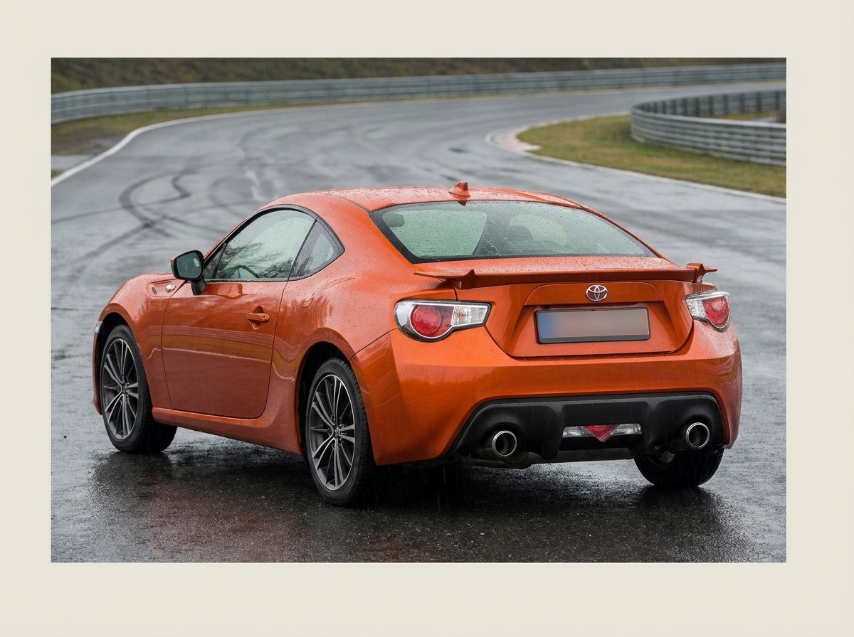Toyota GT86 orange de trois quarts arrière sur circuit, double sortie d'échappement