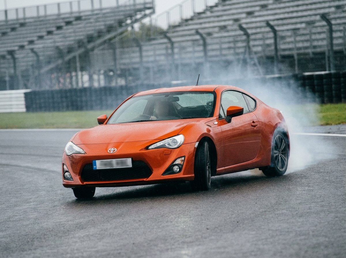 Toyota GT86 orange de trois quarts avant en dérive légère sur circuit humide