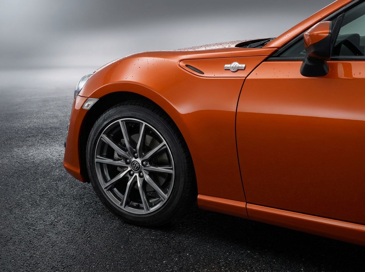 Détail Toyota GT86 : badge 86 sur l'aile avant et jante anthracite